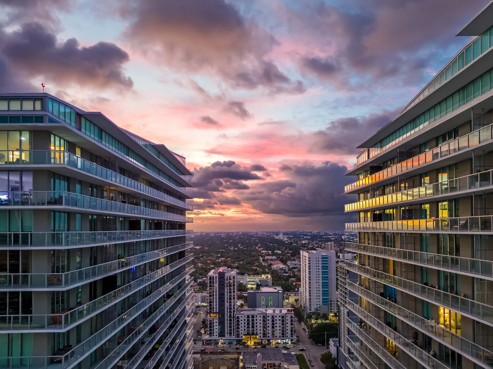 Miami Brickell towers at sunset